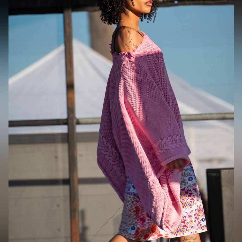 Pink Crochet Oversized Poncho Sweater Upcycled - Picture 5 of 5